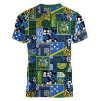 Solomon Islands Meri Kirihimete Women V-Neck T-Shirt Pacific Patchwork Xmas Vibes - Polynesian Pride