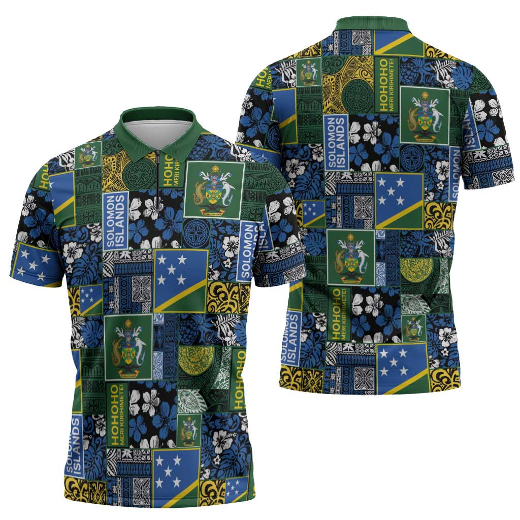 Solomon Islands Meri Kirihimete Zipper Polo Shirt Pacific Patchwork Xmas Vibes - Polynesian Pride