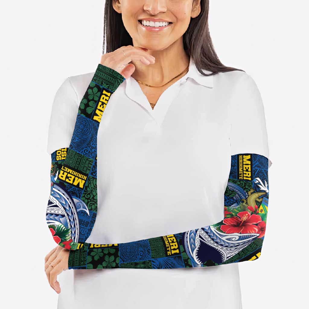 Solomon Islands Meri Kirihimete Arm Sleeves Funny Santa Riding Shark - Polynesian Pride