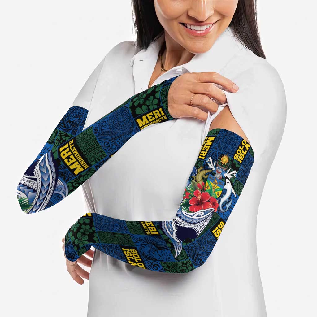 Solomon Islands Meri Kirihimete Arm Sleeves Funny Santa Riding Shark - Polynesian Pride