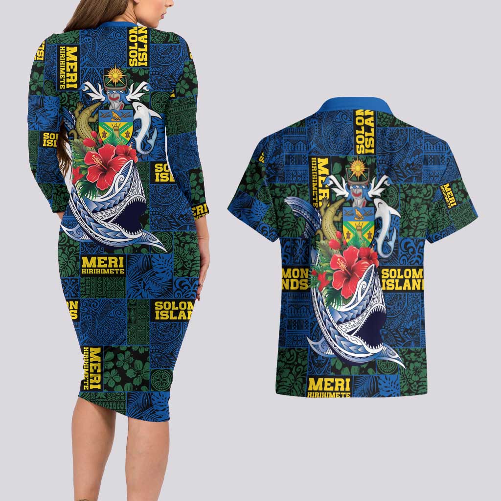 Solomon Islands Meri Kirihimete Couples Matching Long Sleeve Bodycon Dress and Hawaiian Shirt Funny Santa Riding Shark - Polynesian Pride