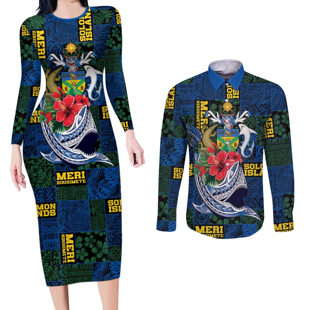 Solomon Islands Meri Kirihimete Couples Matching Long Sleeve Bodycon Dress and Long Sleeve Button Shirt Funny Santa Riding Shark LT9 Blue - Polynesian Pride