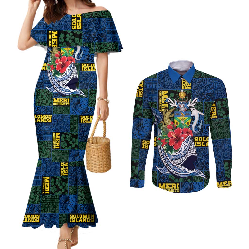 Solomon Islands Meri Kirihimete Couples Matching Mermaid Dress and Long Sleeve Button Shirt Funny Santa Riding Shark - Polynesian Pride