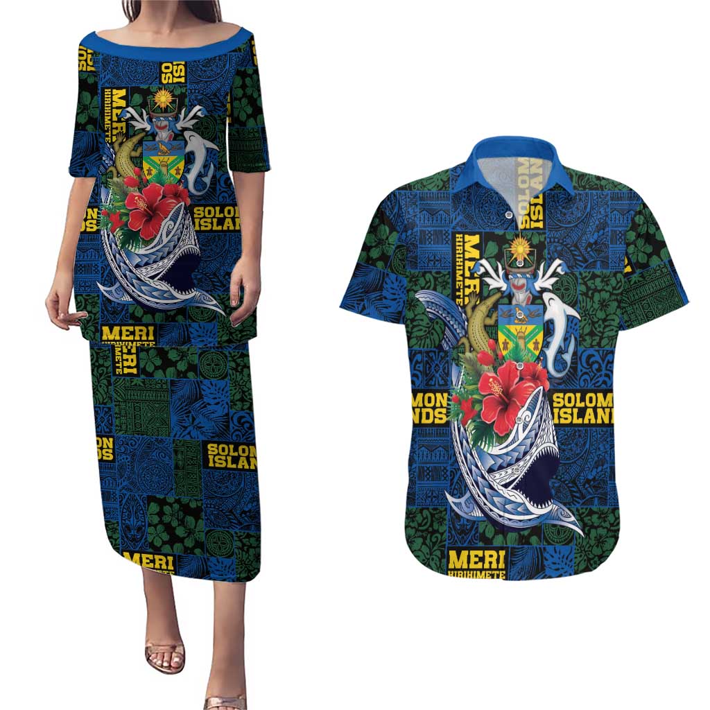 Solomon Islands Meri Kirihimete Couples Matching Puletasi and Hawaiian Shirt Funny Santa Riding Shark - Polynesian Pride