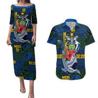 Solomon Islands Meri Kirihimete Couples Matching Puletasi and Hawaiian Shirt Funny Santa Riding Shark - Polynesian Pride