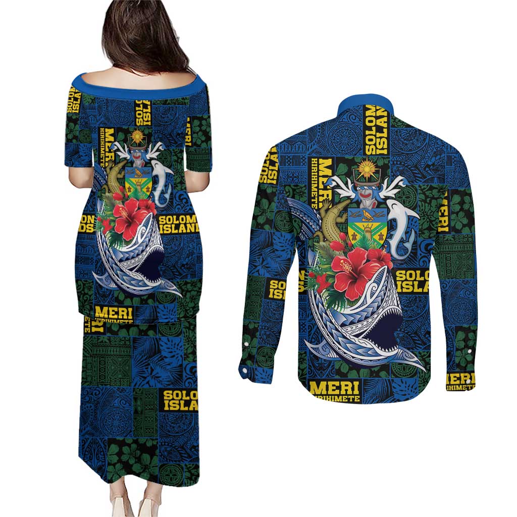 Solomon Islands Meri Kirihimete Couples Matching Puletasi and Long Sleeve Button Shirt Funny Santa Riding Shark - Polynesian Pride