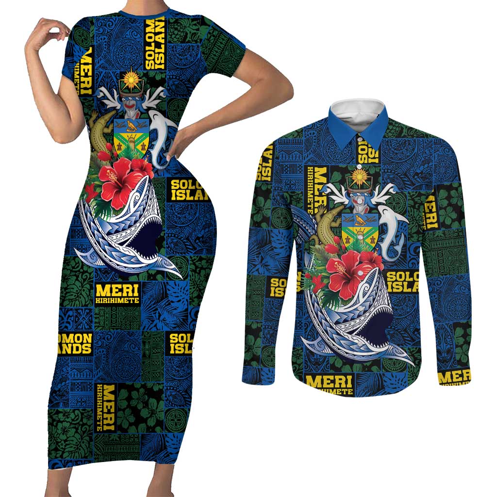 Solomon Islands Meri Kirihimete Couples Matching Short Sleeve Bodycon Dress and Long Sleeve Button Shirt Funny Santa Riding Shark LT9 Blue - Polynesian Pride