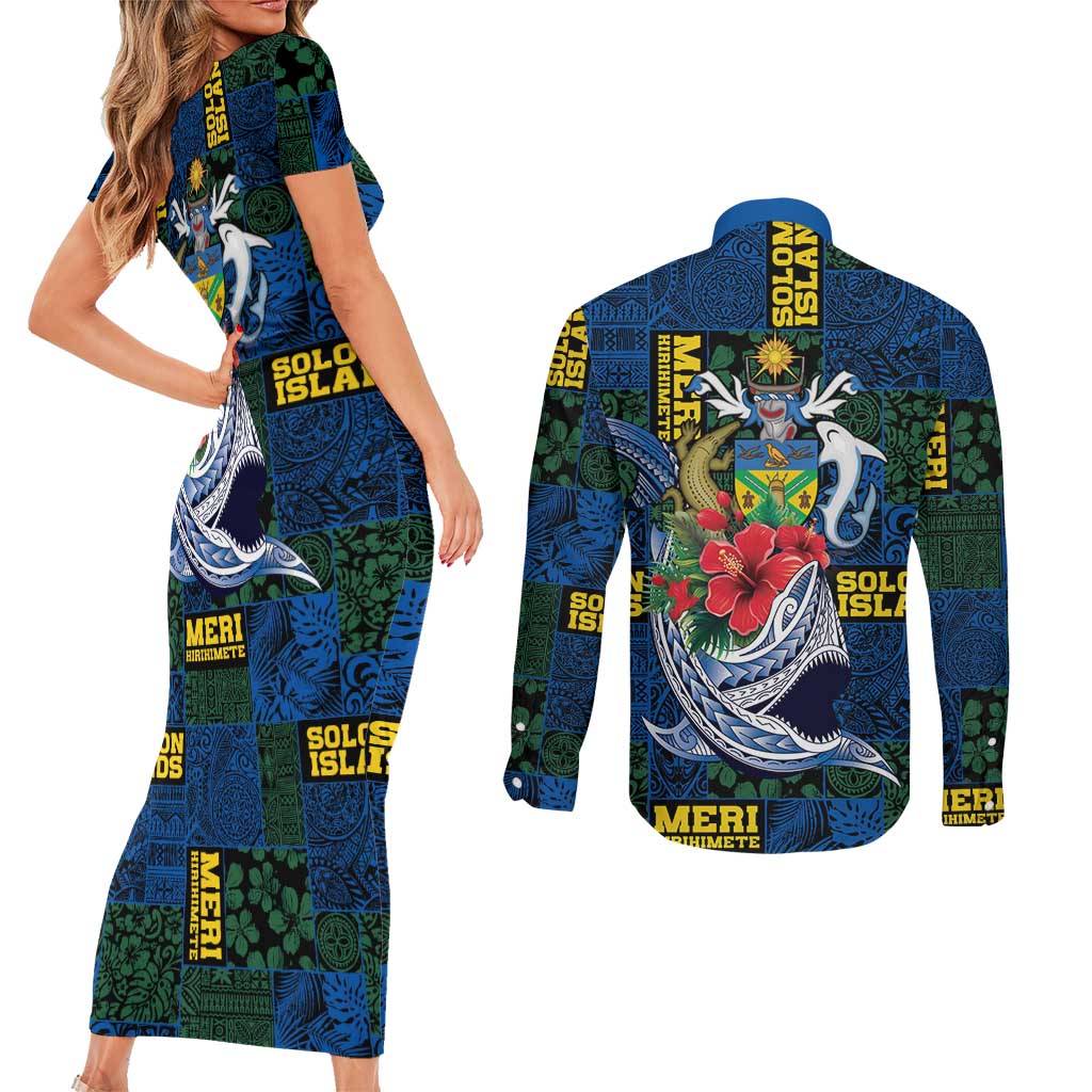 Solomon Islands Meri Kirihimete Couples Matching Short Sleeve Bodycon Dress and Long Sleeve Button Shirt Funny Santa Riding Shark LT9 - Polynesian Pride
