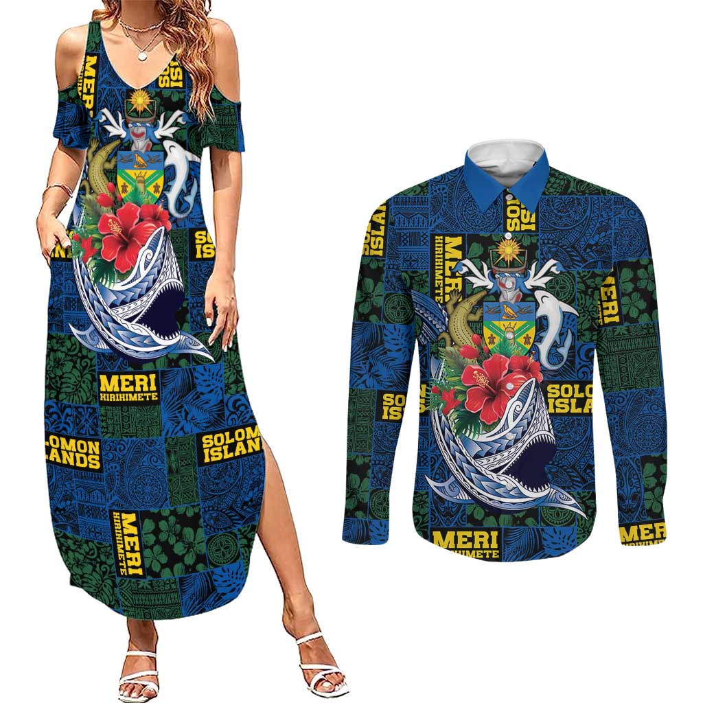Solomon Islands Meri Kirihimete Couples Matching Summer Maxi Dress and Long Sleeve Button Shirt Funny Santa Riding Shark - Polynesian Pride