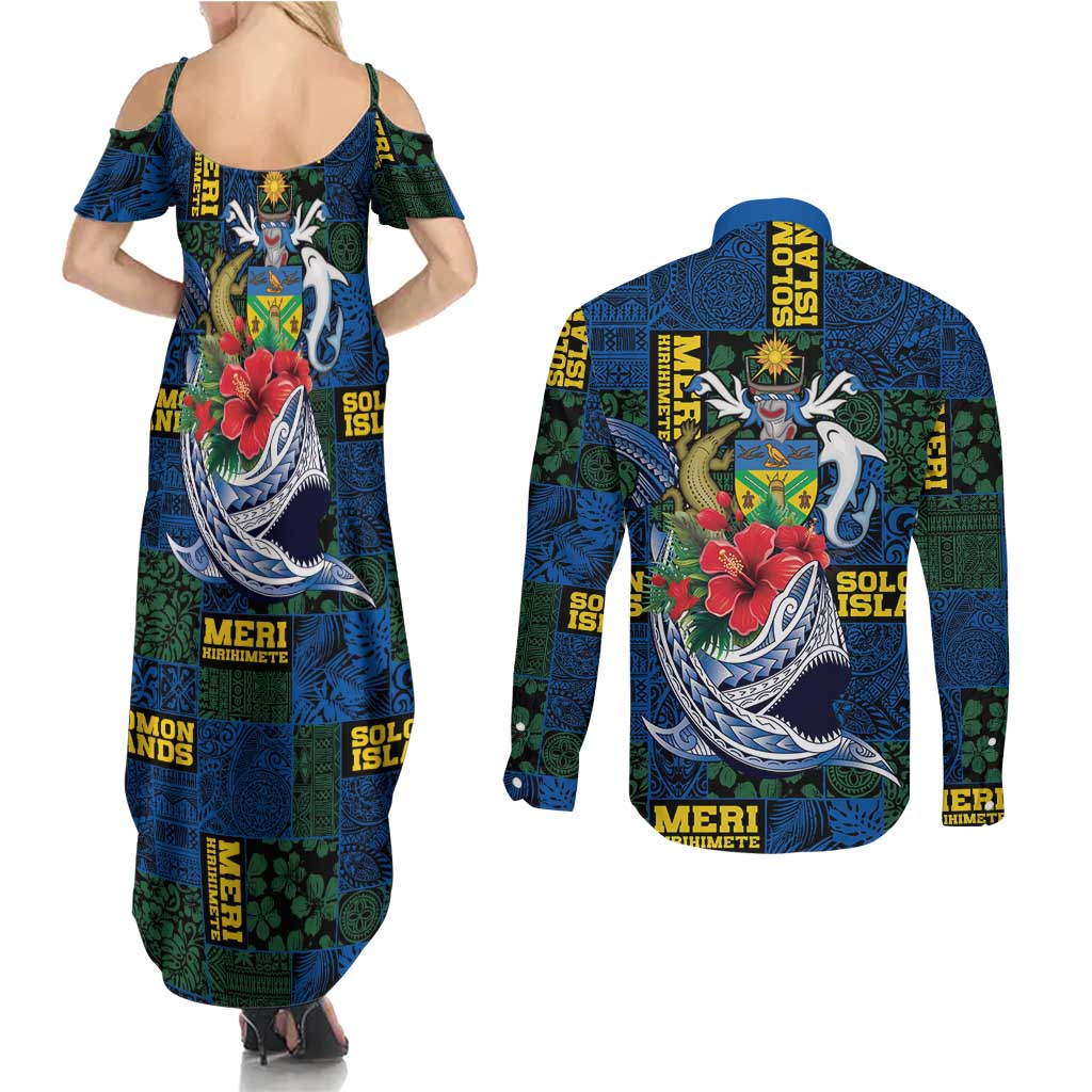 Solomon Islands Meri Kirihimete Couples Matching Summer Maxi Dress and Long Sleeve Button Shirt Funny Santa Riding Shark - Polynesian Pride