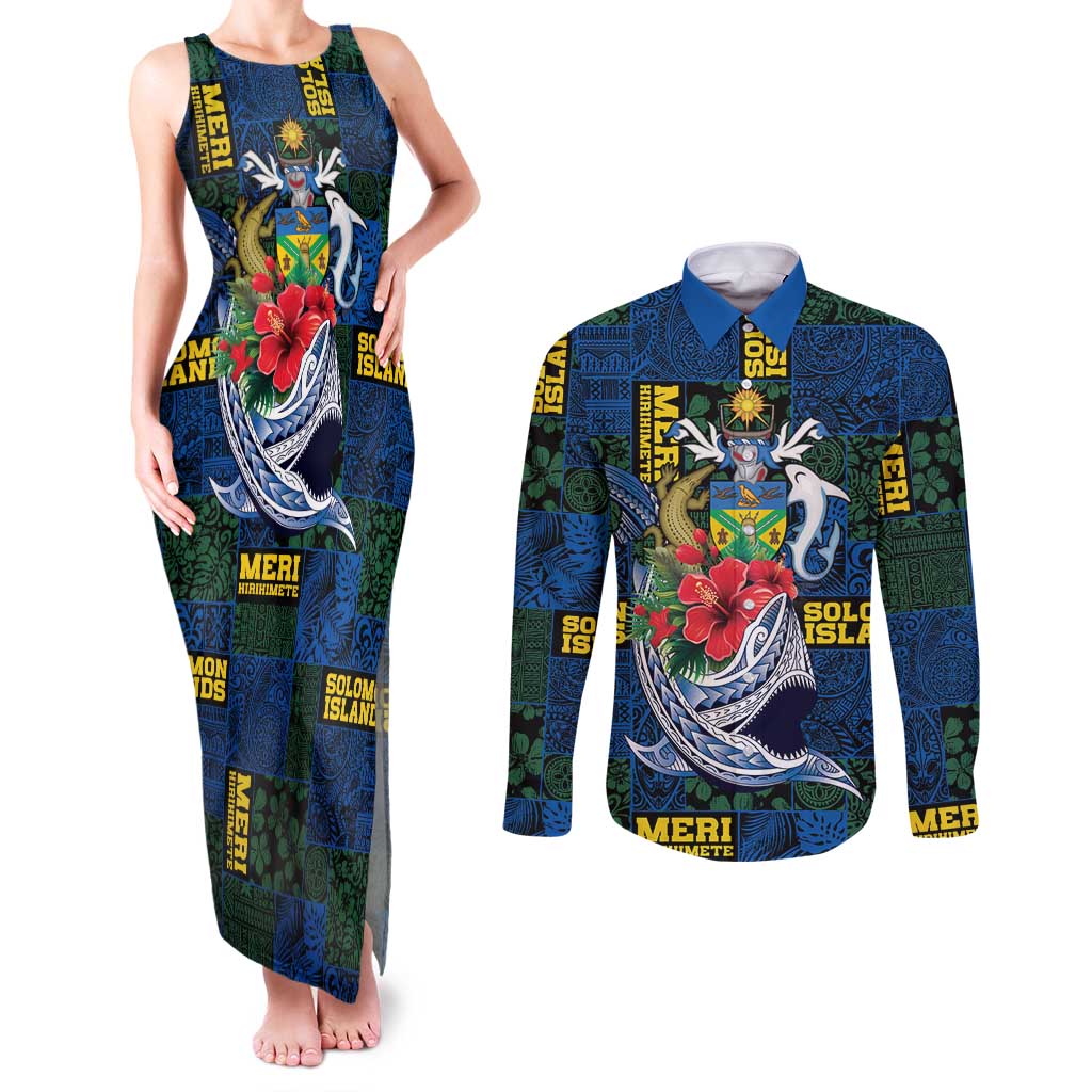 Solomon Islands Meri Kirihimete Couples Matching Tank Maxi Dress and Long Sleeve Button Shirt Funny Santa Riding Shark - Polynesian Pride