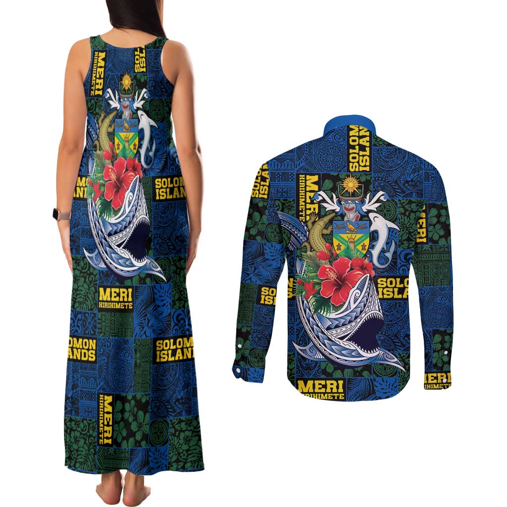 Solomon Islands Meri Kirihimete Couples Matching Tank Maxi Dress and Long Sleeve Button Shirt Funny Santa Riding Shark - Polynesian Pride