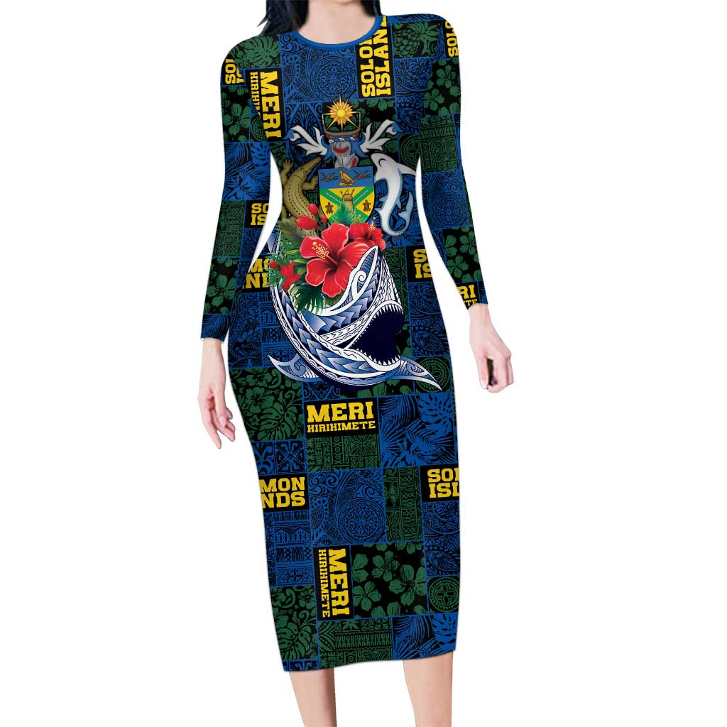 Solomon Islands Meri Kirihimete Family Matching Long Sleeve Bodycon Dress and Hawaiian Shirt Funny Santa Riding Shark LT9 Mom's Dress Blue - Polynesian Pride