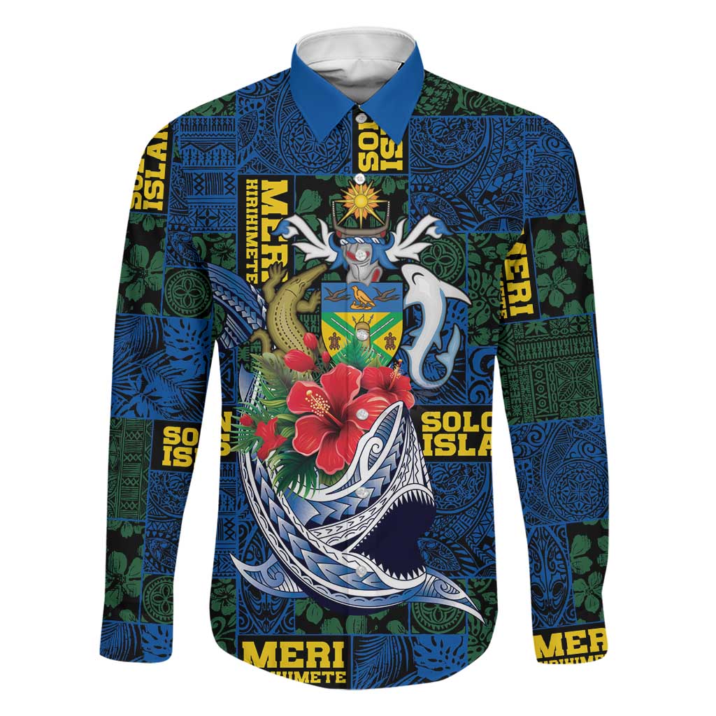 Solomon Islands Meri Kirihimete Family Matching Mermaid Dress and Hawaiian Shirt Funny Santa Riding Shark LT9 Dad's Shirt - Long Sleeve Blue - Polynesian Pride