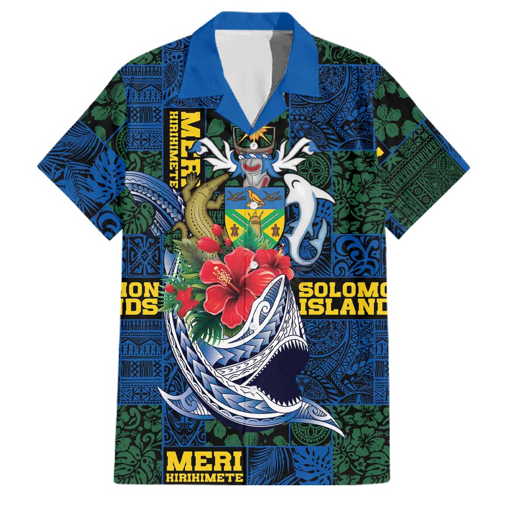 Solomon Islands Meri Kirihimete Family Matching Off The Shoulder Long Sleeve Dress and Hawaiian Shirt Funny Santa Riding Shark LT9 Dad's Shirt - Short Sleeve Blue - Polynesian Pride