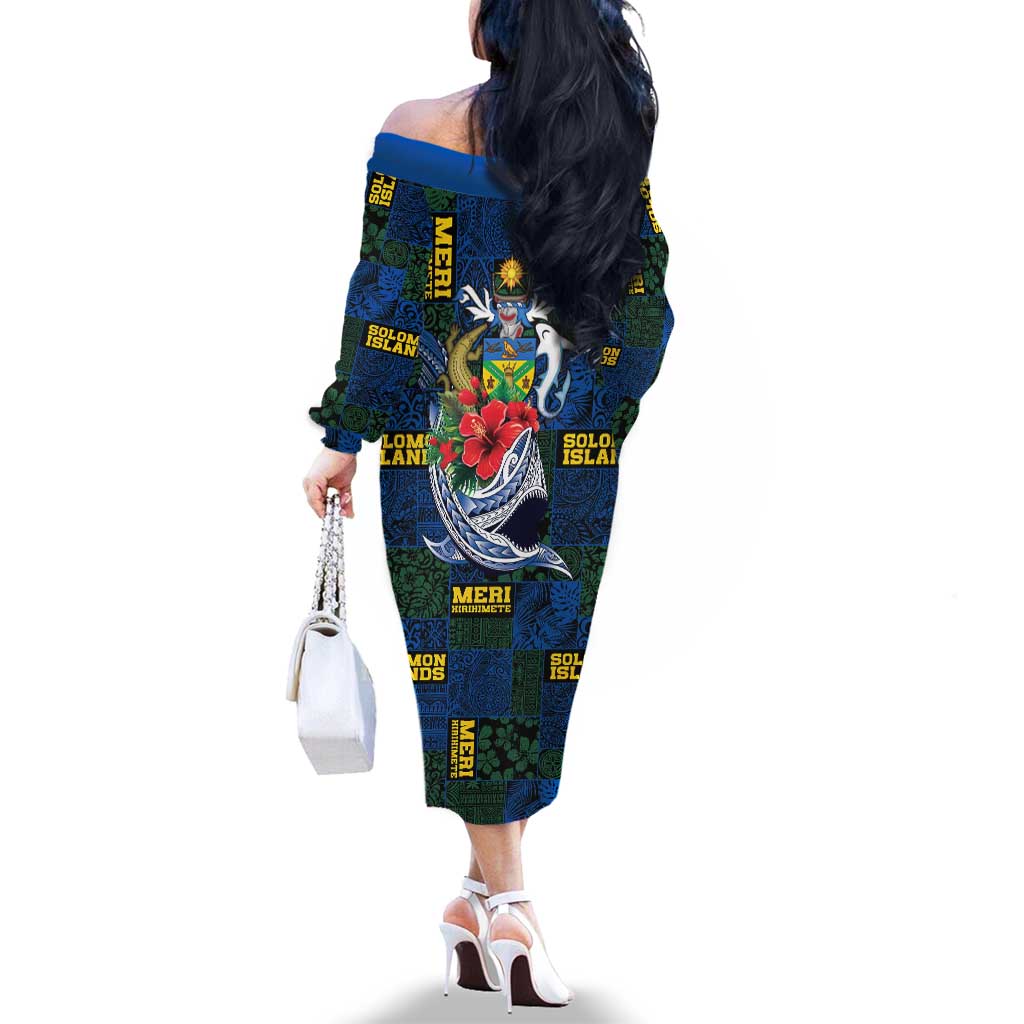Solomon Islands Meri Kirihimete Family Matching Off The Shoulder Long Sleeve Dress and Hawaiian Shirt Funny Santa Riding Shark LT9 - Polynesian Pride
