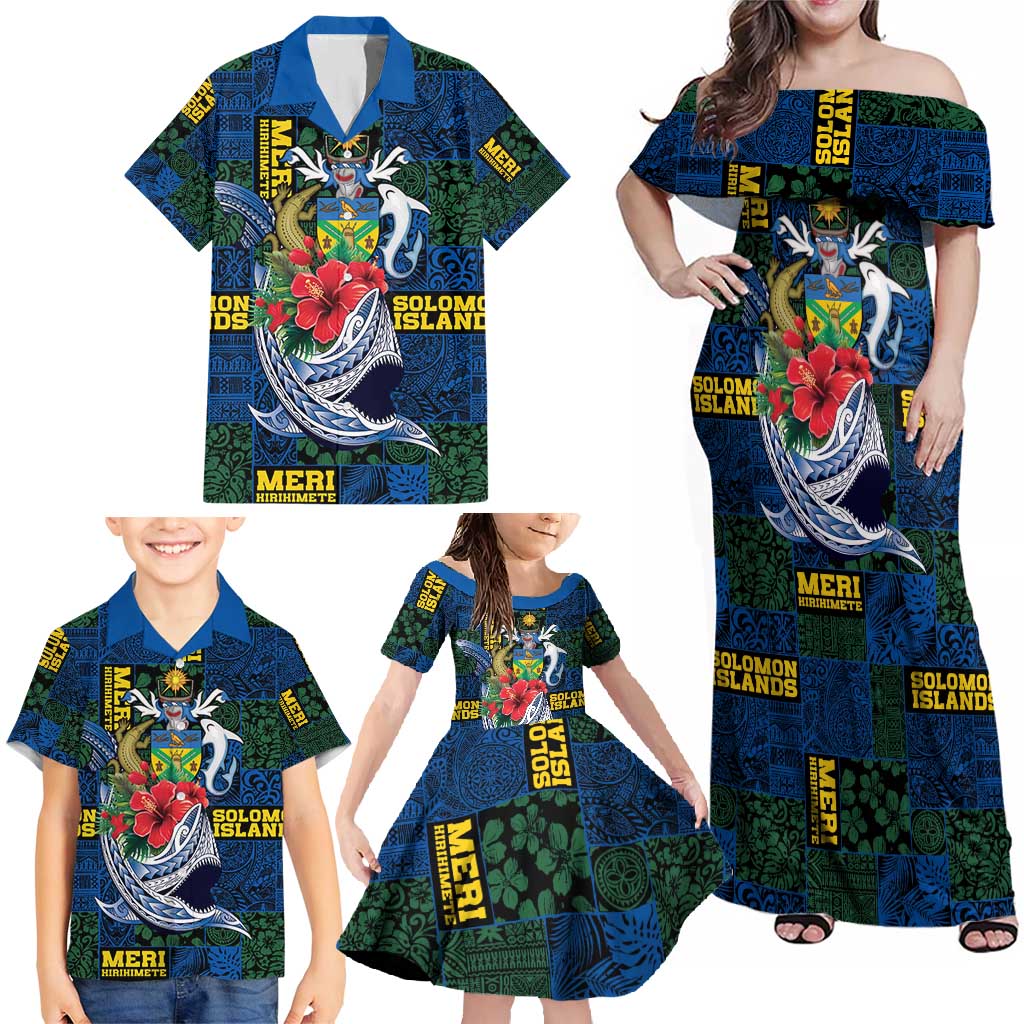 Solomon Islands Meri Kirihimete Family Matching Off Shoulder Maxi Dress and Hawaiian Shirt Funny Santa Riding Shark - Polynesian Pride