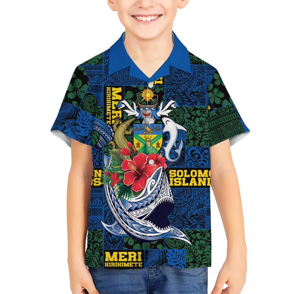 Solomon Islands Meri Kirihimete Family Matching Short Sleeve Bodycon Dress and Hawaiian Shirt Funny Santa Riding Shark LT9 Son's Shirt Blue - Polynesian Pride