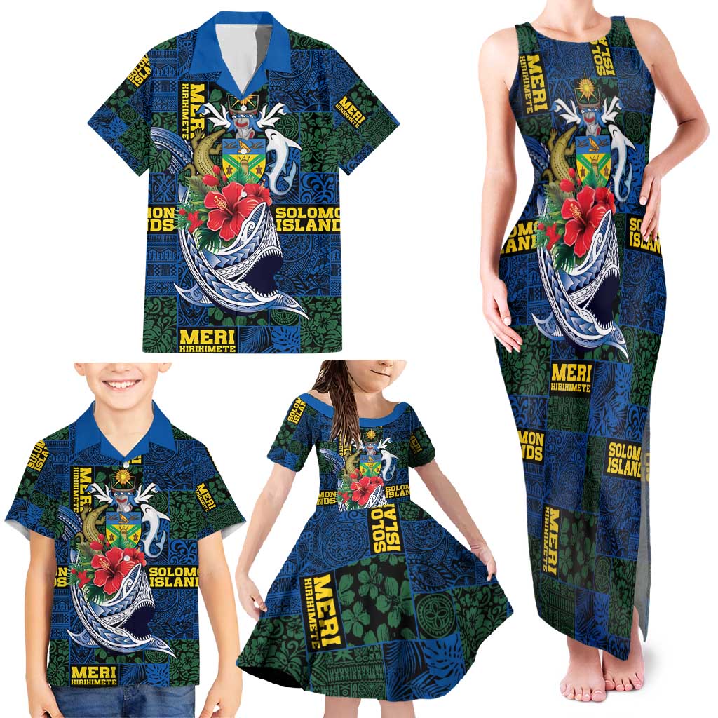 Solomon Islands Meri Kirihimete Family Matching Tank Maxi Dress and Hawaiian Shirt Funny Santa Riding Shark - Polynesian Pride