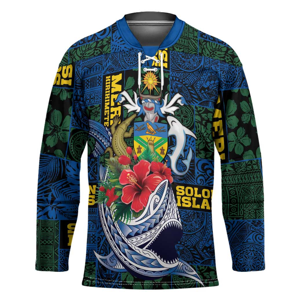 Solomon Islands Meri Kirihimete Hockey Jersey Funny Santa Riding Shark - Polynesian Pride