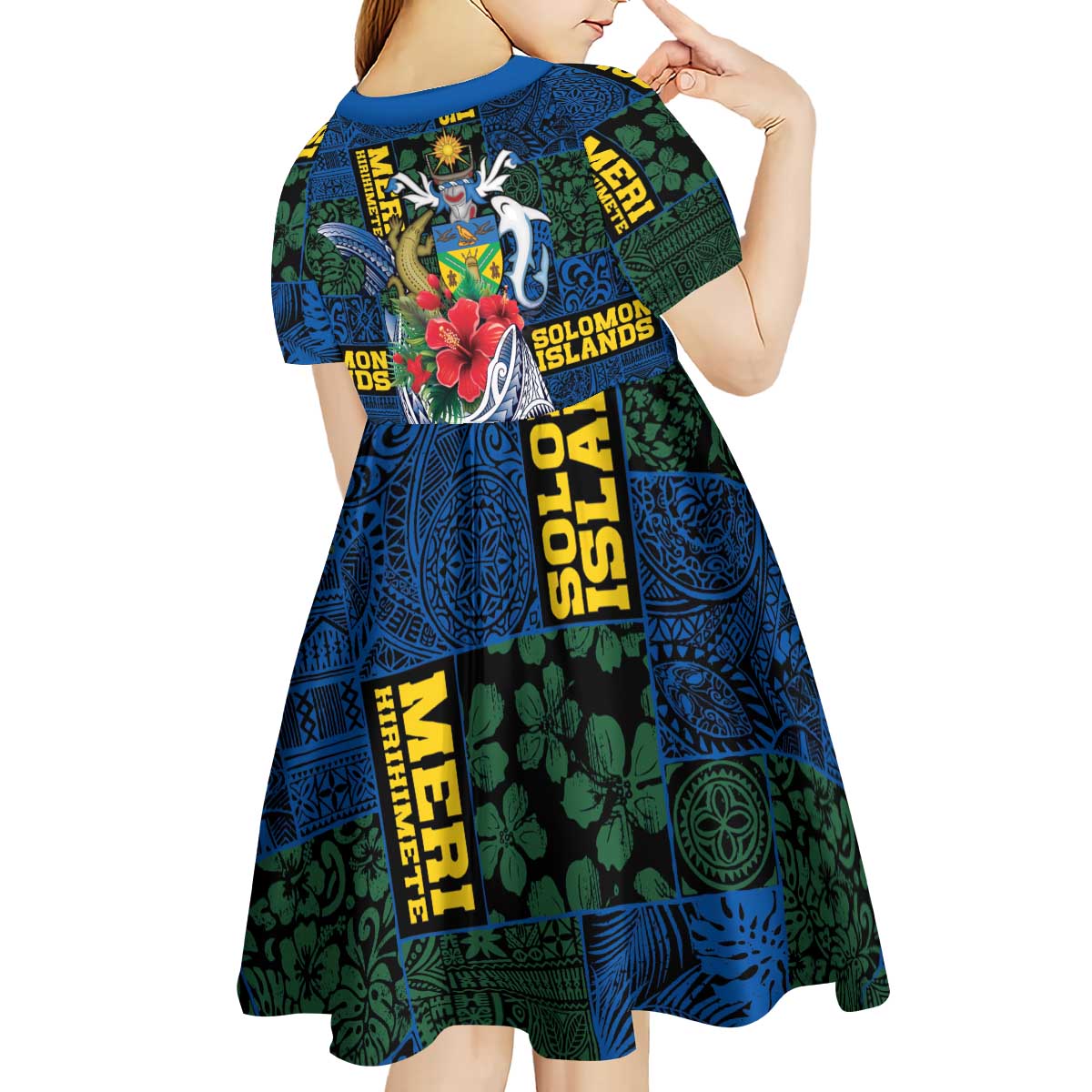 Solomon Islands Meri Kirihimete Kid Short Sleeve Dress Funny Santa Riding Shark - Polynesian Pride