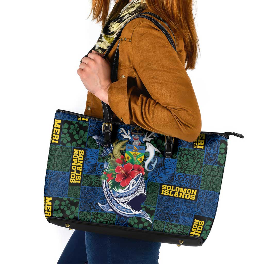 Solomon Islands Meri Kirihimete Leather Tote Bag Funny Santa Riding Shark - Polynesian Pride