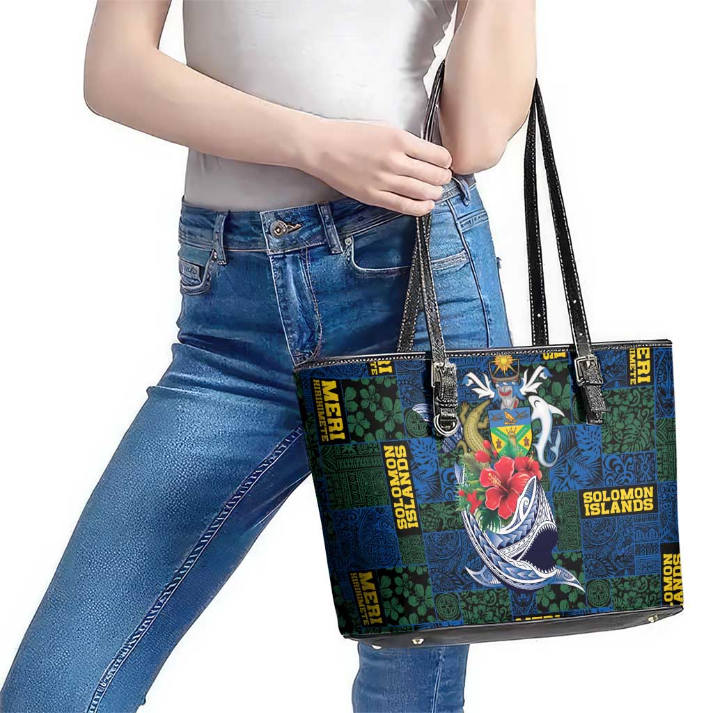 Solomon Islands Meri Kirihimete Leather Tote Bag Funny Santa Riding Shark - Polynesian Pride