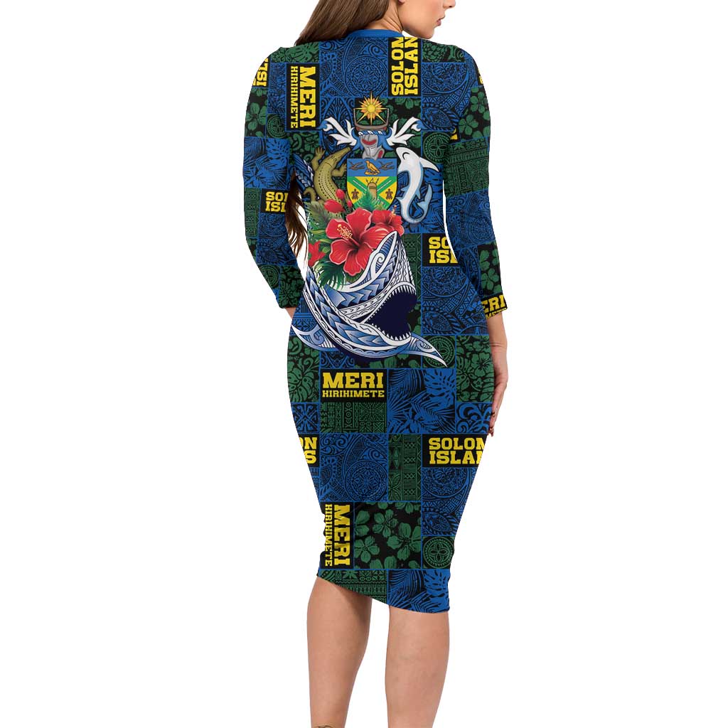 Solomon Islands Meri Kirihimete Long Sleeve Bodycon Dress Funny Santa Riding Shark - Polynesian Pride