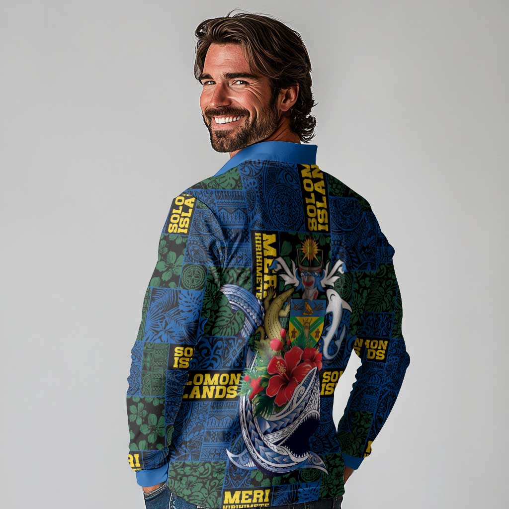 Solomon Islands Meri Kirihimete Long Sleeve Polo Shirt Funny Santa Riding Shark - Polynesian Pride