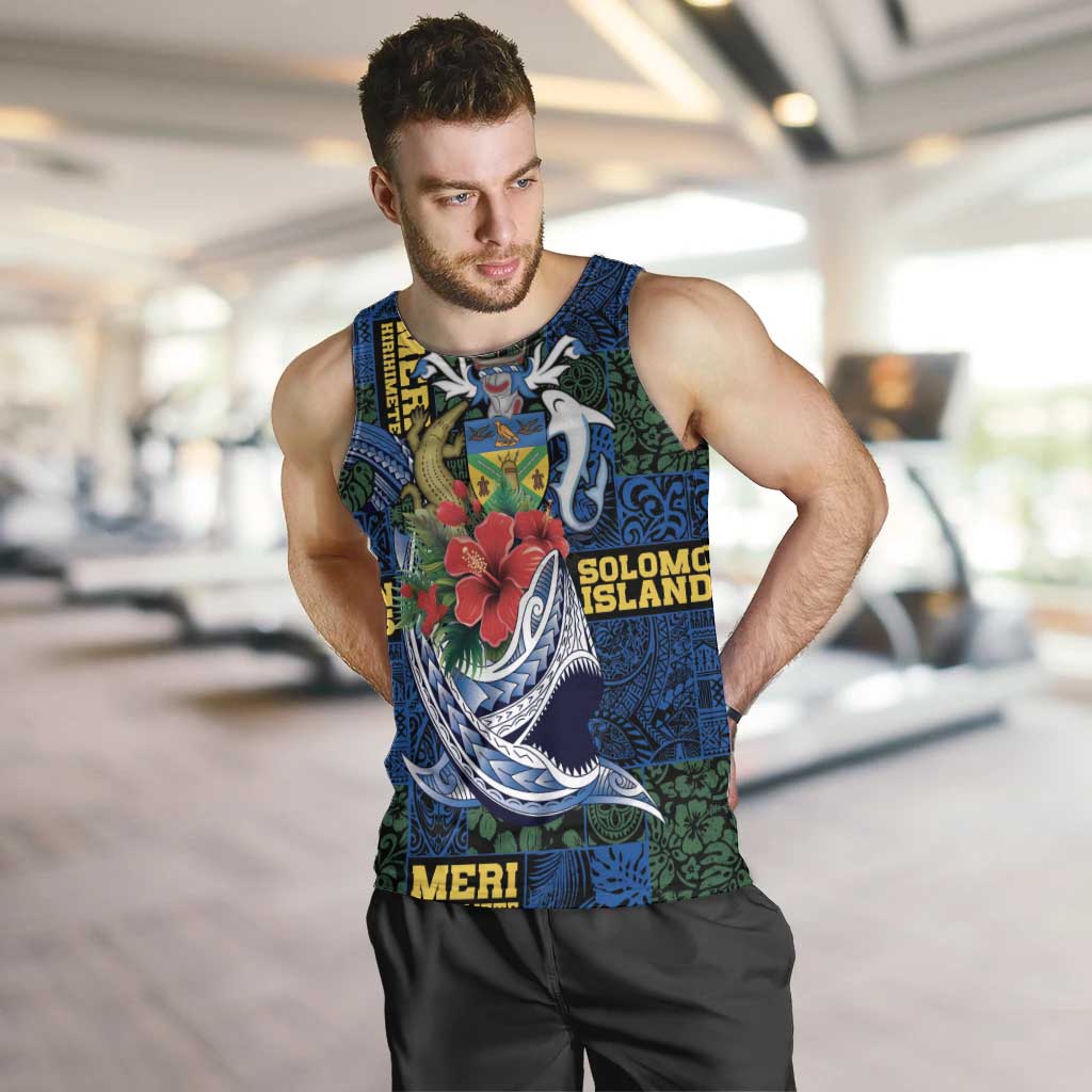 Solomon Islands Meri Kirihimete Men Tank Top Funny Santa Riding Shark LT9 Blue - Polynesian Pride