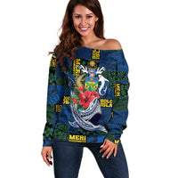 Solomon Islands Meri Kirihimete Off Shoulder Sweater Funny Santa Riding Shark LT9 Women Blue - Polynesian Pride