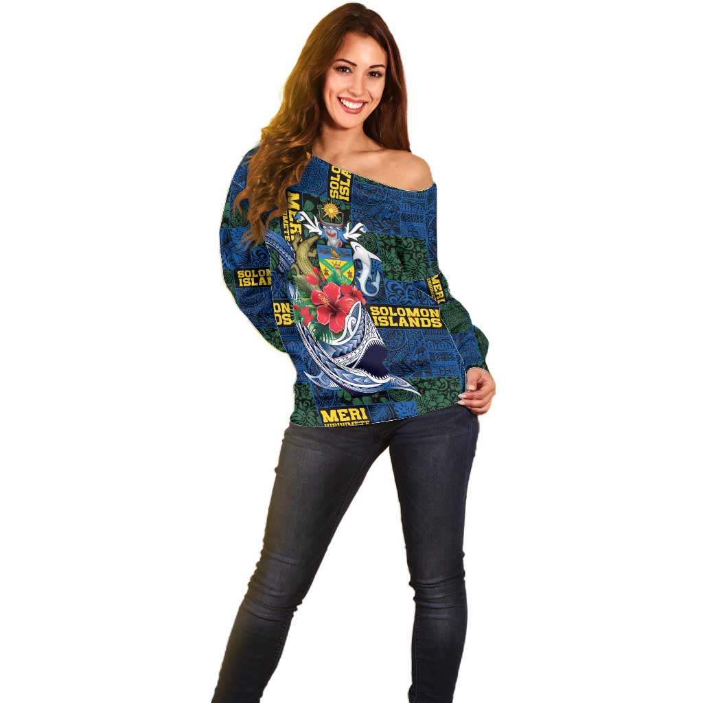 Solomon Islands Meri Kirihimete Off Shoulder Sweater Funny Santa Riding Shark LT9 - Polynesian Pride