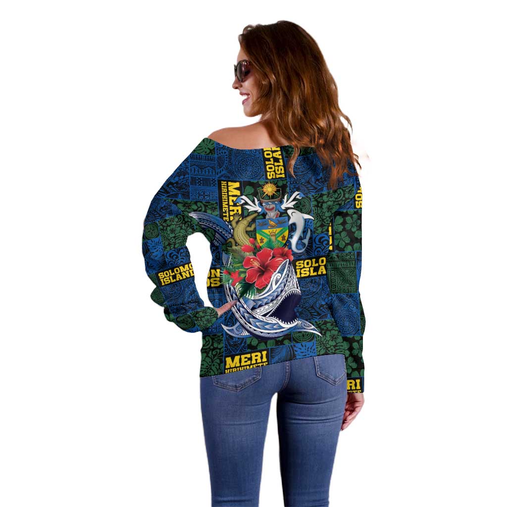 Solomon Islands Meri Kirihimete Off Shoulder Sweater Funny Santa Riding Shark LT9 - Polynesian Pride