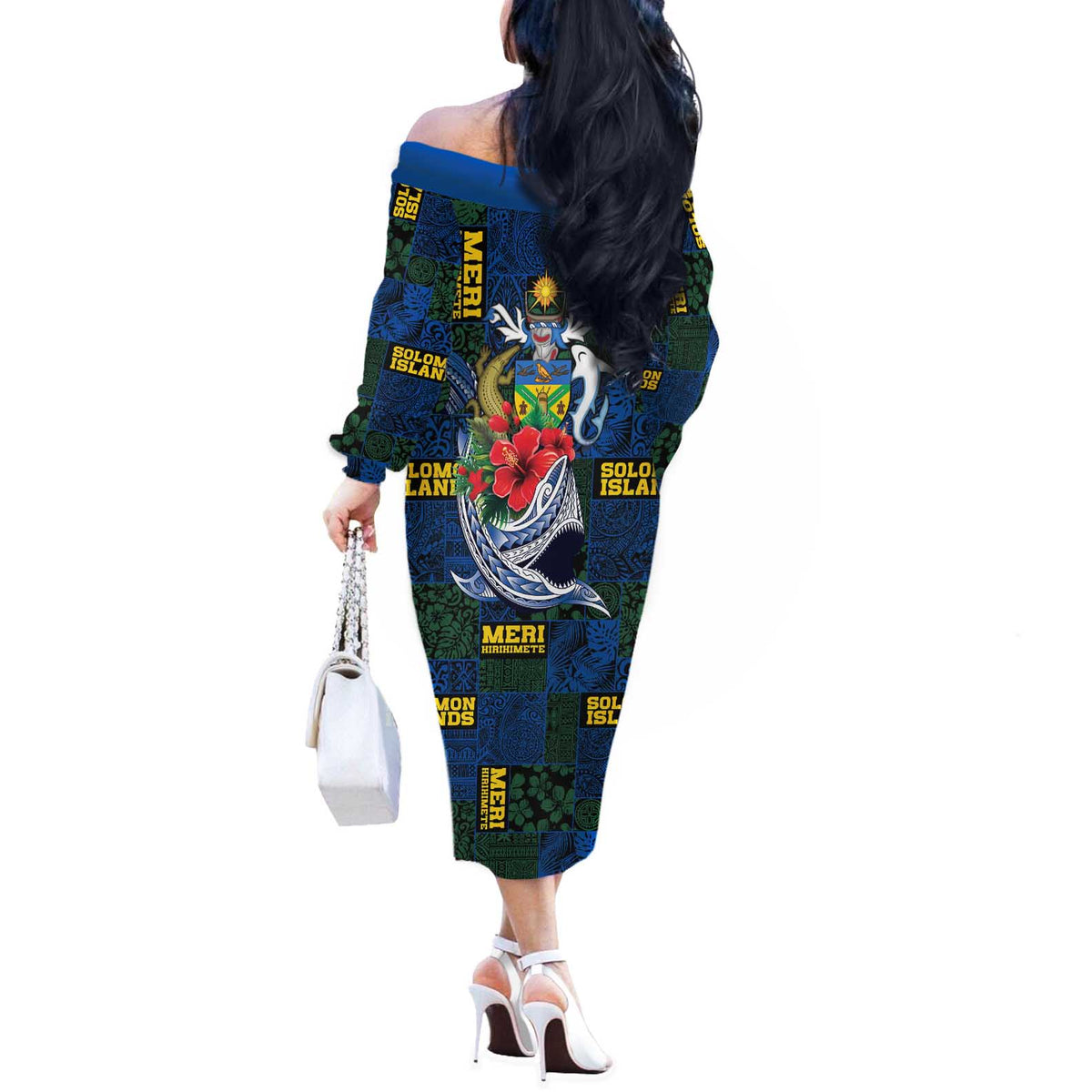 Solomon Islands Meri Kirihimete Off The Shoulder Long Sleeve Dress Funny Santa Riding Shark - Polynesian Pride