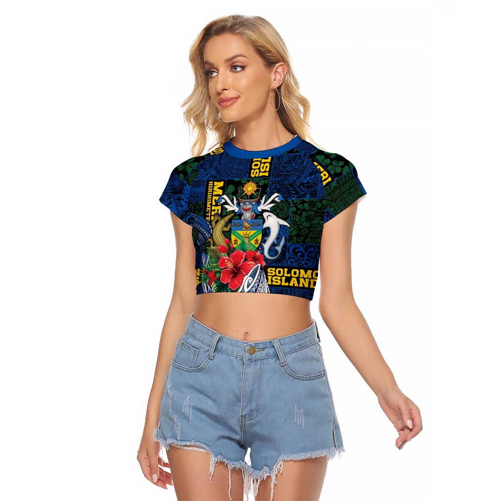 Solomon Islands Meri Kirihimete Raglan Cropped T Shirt Funny Santa Riding Shark - Polynesian Pride