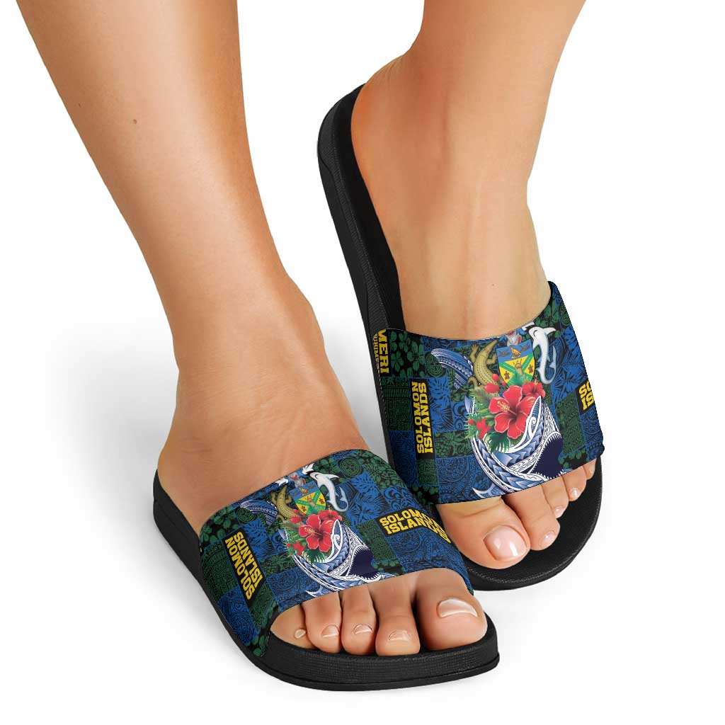 Solomon Islands Meri Kirihimete Slide Sandals Funny Santa Riding Shark - Polynesian Pride