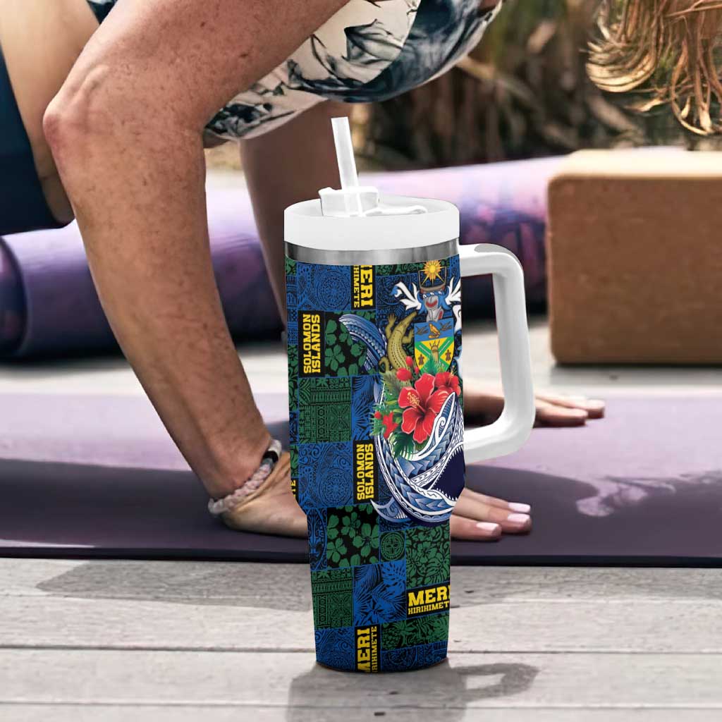 Solomon Islands Meri Kirihimete Tumbler With Handle Funny Santa Riding Shark - Polynesian Pride