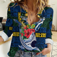 Solomon Islands Meri Kirihimete Women Casual Shirt Funny Santa Riding Shark - Polynesian Pride
