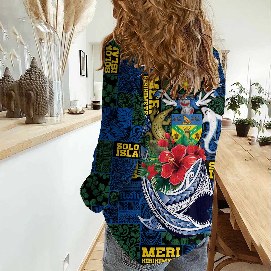 Solomon Islands Meri Kirihimete Women Casual Shirt Funny Santa Riding Shark - Polynesian Pride