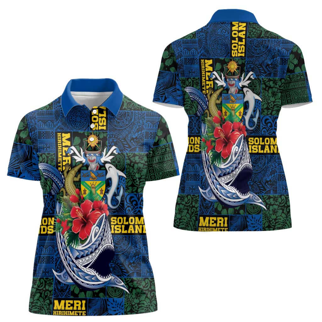 Solomon Islands Meri Kirihimete Women Polo Shirt Funny Santa Riding Shark - Polynesian Pride
