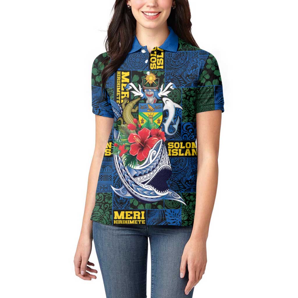 Solomon Islands Meri Kirihimete Women Polo Shirt Funny Santa Riding Shark - Polynesian Pride