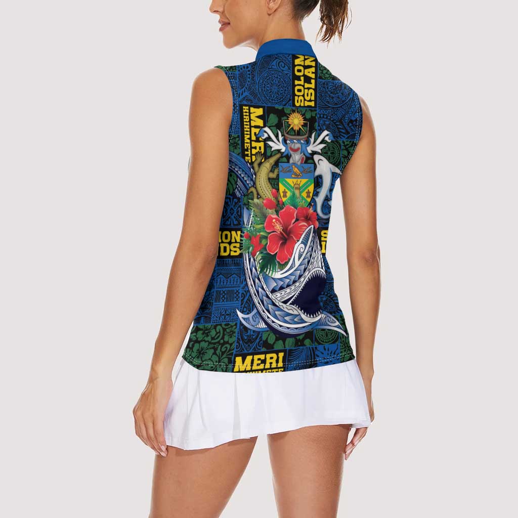 Solomon Islands Meri Kirihimete Women Sleeveless Polo Shirt Funny Santa Riding Shark - Polynesian Pride