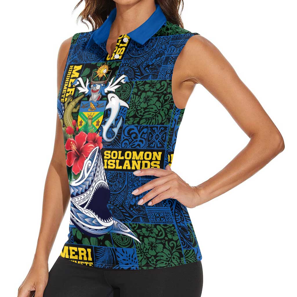 Solomon Islands Meri Kirihimete Women Sleeveless Polo Shirt Funny Santa Riding Shark - Polynesian Pride