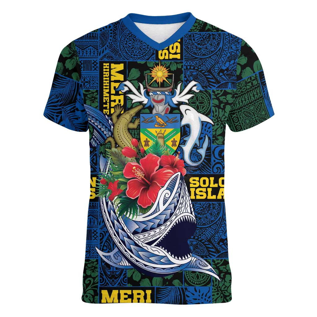 Solomon Islands Meri Kirihimete Women V-Neck T-Shirt Funny Santa Riding Shark - Polynesian Pride