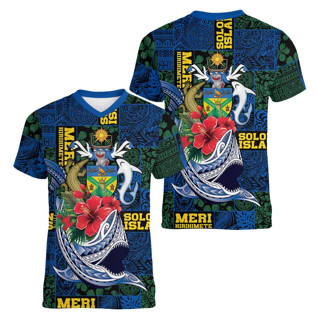 Solomon Islands Meri Kirihimete Women V-Neck T-Shirt Funny Santa Riding Shark - Polynesian Pride