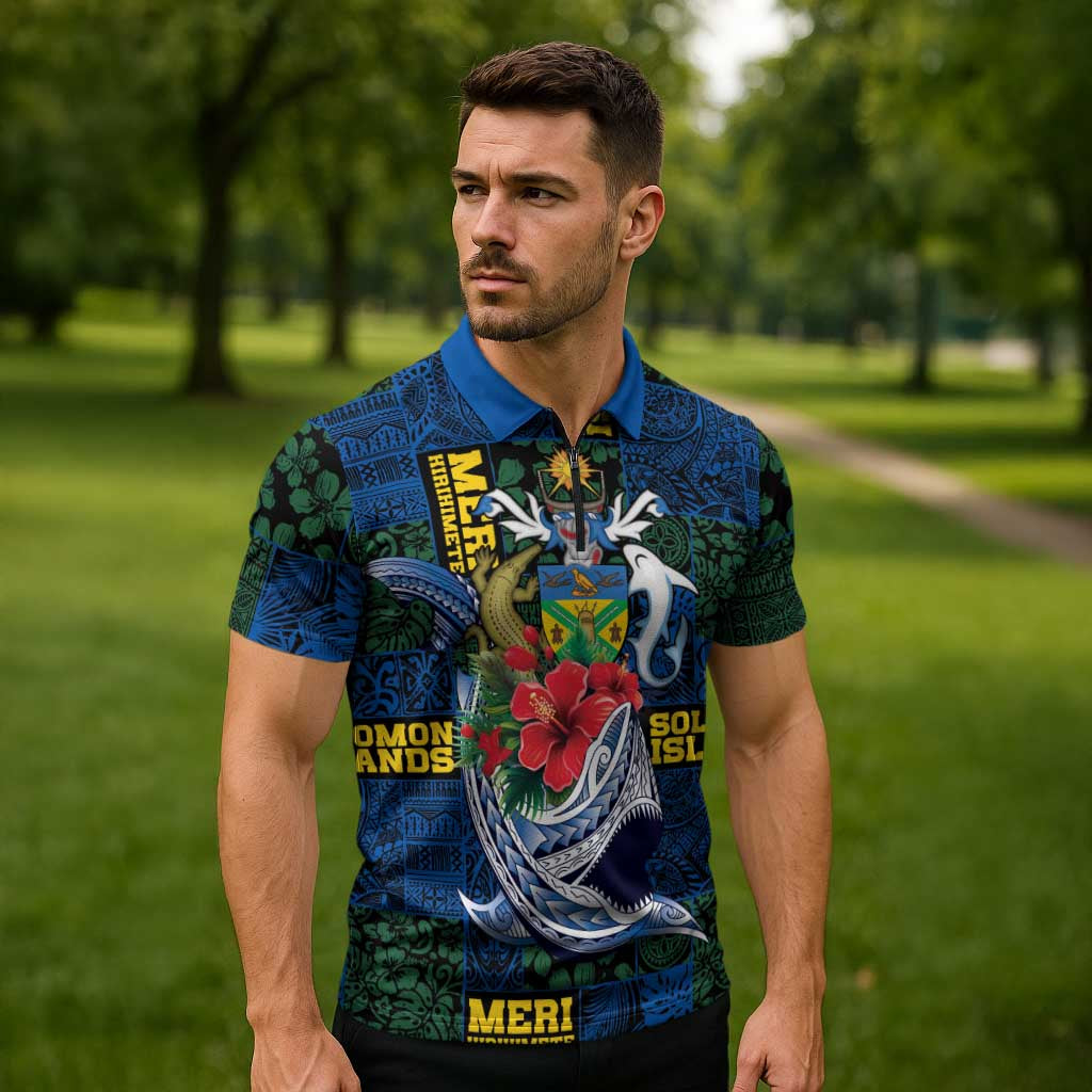 Solomon Islands Meri Kirihimete Zipper Polo Shirt Funny Santa Riding Shark - Polynesian Pride
