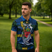 Solomon Islands Meri Kirihimete Zipper Polo Shirt Funny Santa Riding Shark - Polynesian Pride