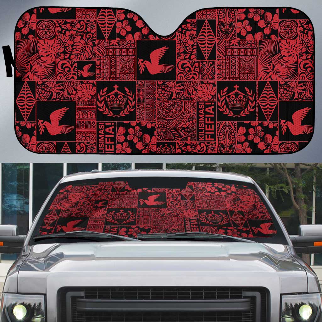 Black Tonga Kilisimasi Fiefia Auto Sun Shade Pacific Patchwork Xmas Vibes LT9 Black - Polynesian Pride
