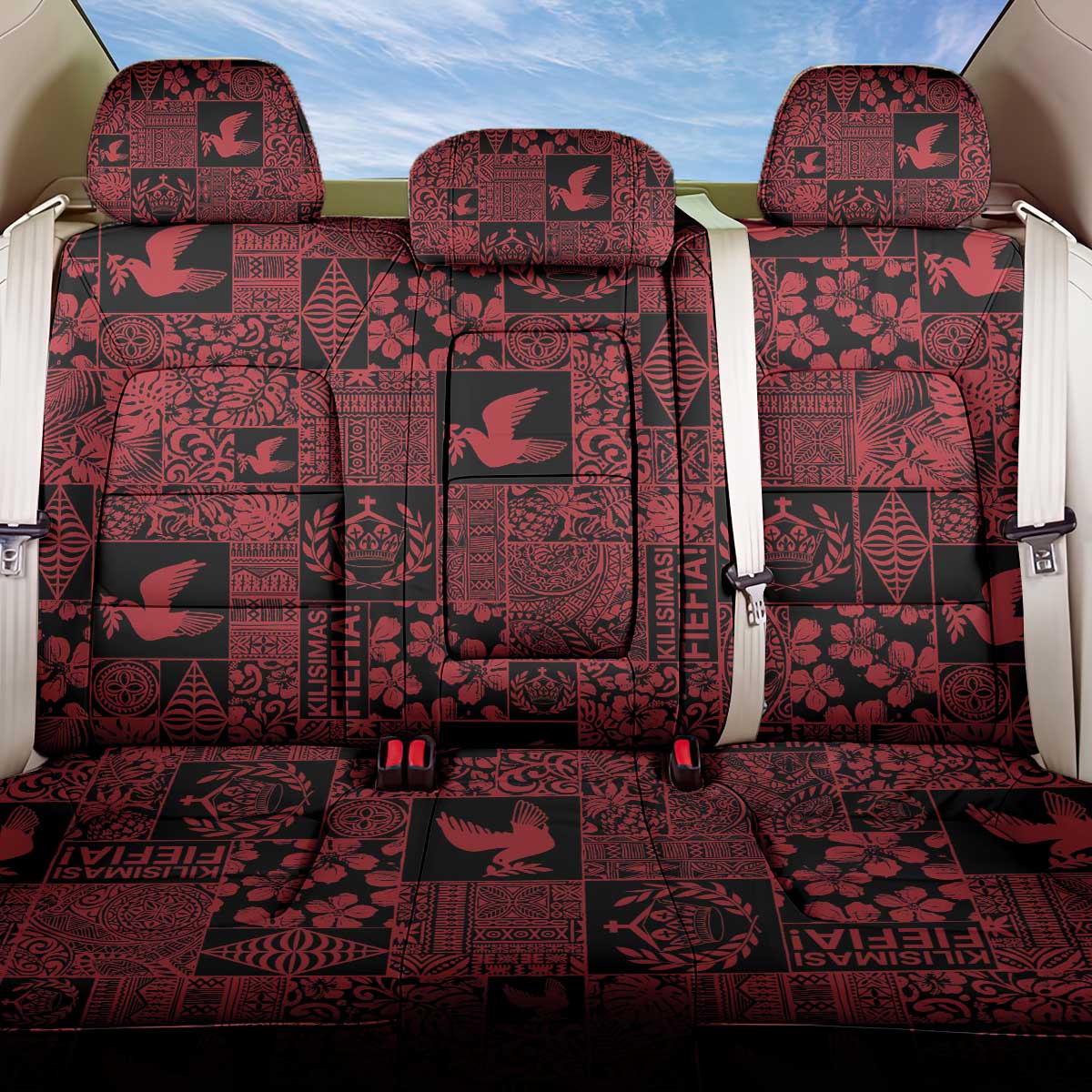 Black Tonga Kilisimasi Fiefia Back Car Seat Cover Pacific Patchwork Xmas Vibes LT9 One Size Black - Polynesian Pride