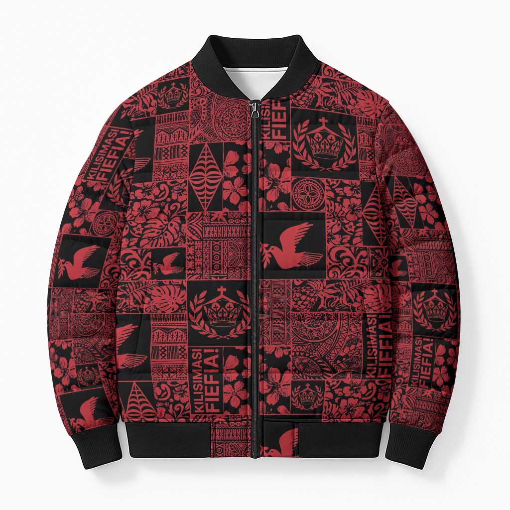 Black Tonga Kilisimasi Fiefia Bomber Puffer Jacket Pacific Patchwork Xmas Vibes LT9 Unisex Black - Polynesian Pride